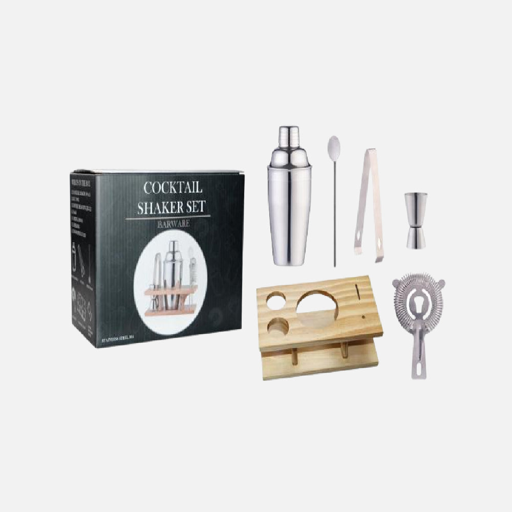 5-PIECE COCKTAIL SET WITH WOOD STAND INCLUDING SHAKER, TONG, SPOON, STRAINER, JIGGER