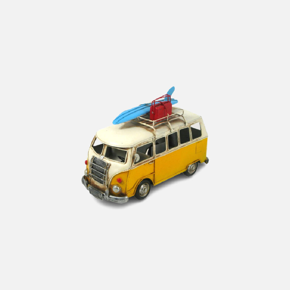 Yellow Metal Camper Van w/ Blue Surfboard & Red Luggage