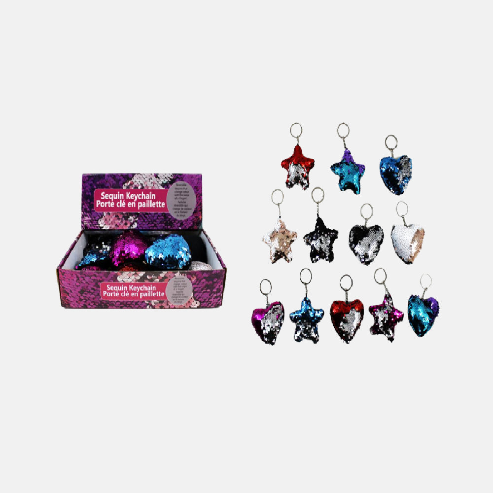 12 PIECES SEQUIN KEYCHAIN. 6 ASSORTED DESIGNS