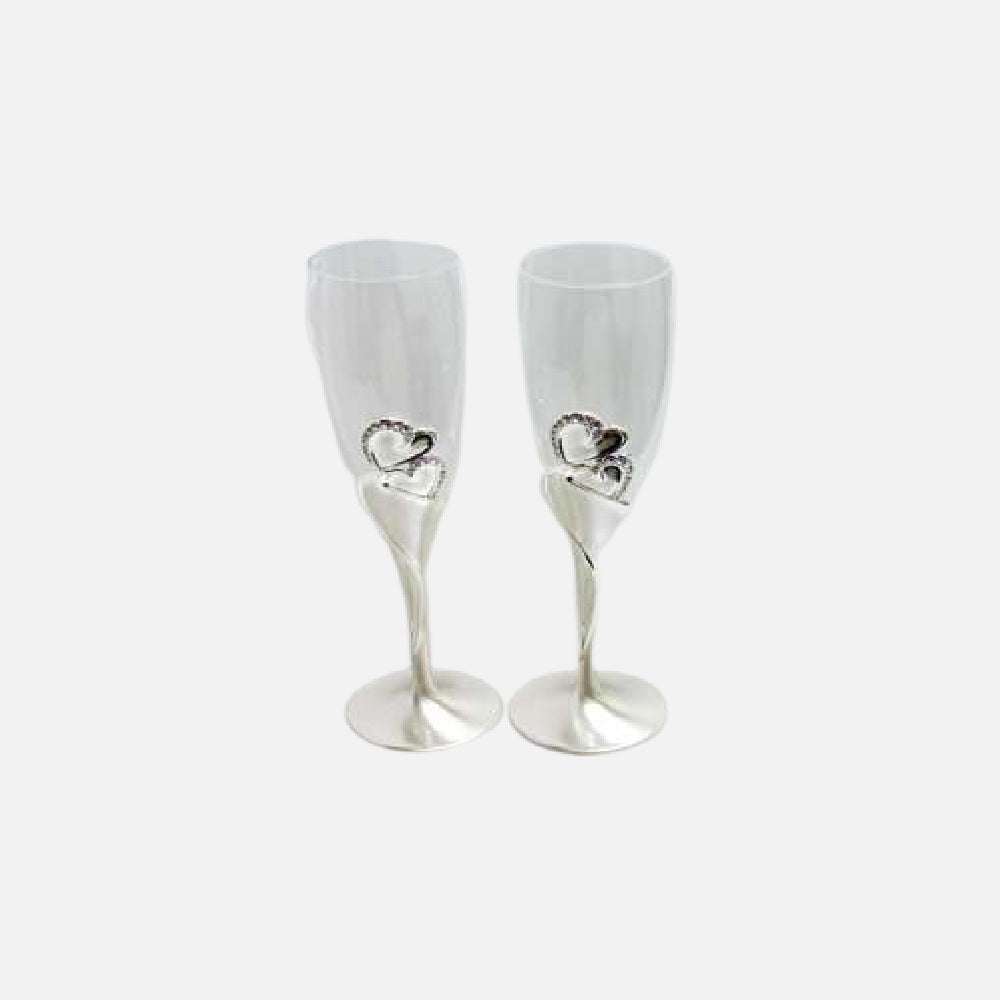 2 PC Set Brushed 2 Tone Silver Champagne Glasses Double Hearts with Clear Stones Design